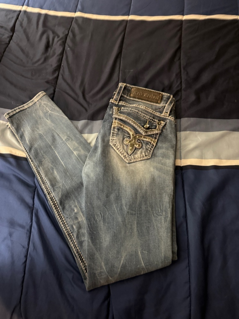 Rock Revival Light Blue Embellished Fleur-de-Lis Pocket Jeans